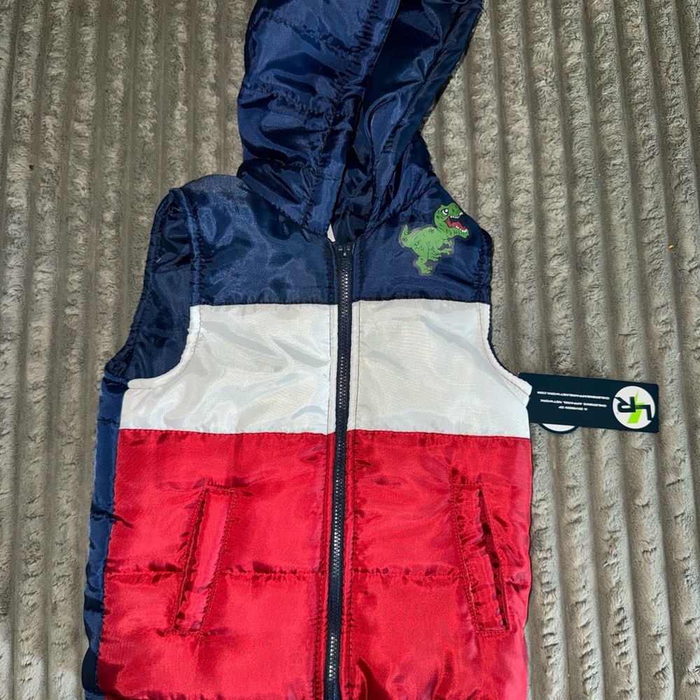 Kids Colorblock Hooded Puffer Vest - Blue, White & Red